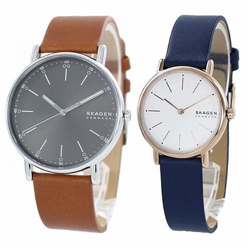 

Skagen pair watch storage box for men and women, brown and blue leather, SKW6578, SKW2838.