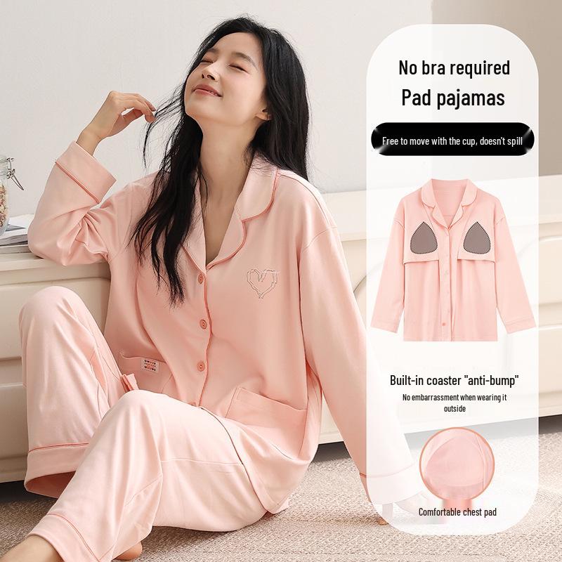 Damen Pyjama langärmlig aus reiner Baumwolle mit Brustpolstern - Vielseitig für Frühling, Herbst, Winter Homewear oder Oberbekleidungsset 2025.