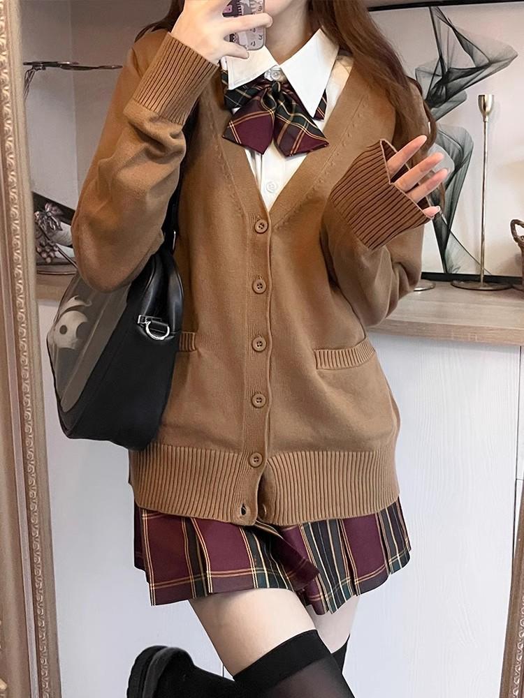 Spring and Autumn JK Uniform, V-neck Knit Cardigan, Sweater for Women, Japanese Collegiate Solid Color Lightweight Jacket, Versatile Long-sleeve Top