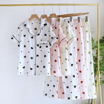 Summer New Women's Pajamas Set 100% Cotton Crepe Short-sleeved Trousers Two-piece Set Love Thin Simple Large Size
