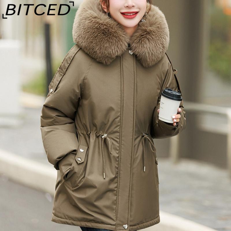 BITCED Fleece-Lined Thickened Down-Filled Cotton Coat for Women - Short Style Autumn/Winter Waist-Defining Design with Large Fur Collar