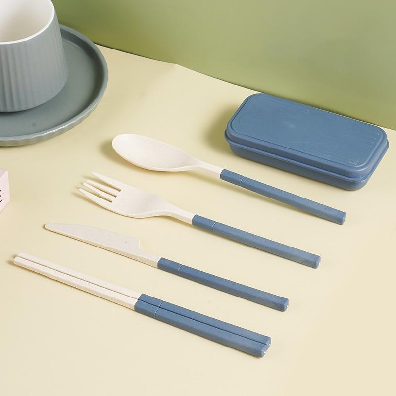 Japanese-Style Wheat Straw Cutlery Set Knife Fork Spoon Chopsticks - Three-Piece Folding Portable Cutlery