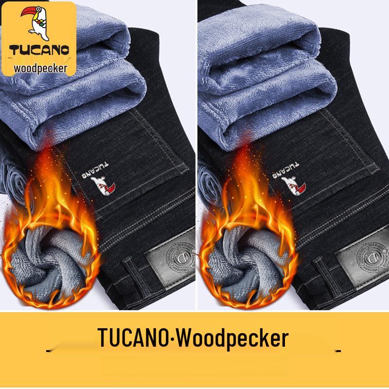 Woodpecker Men's Fleece-lined Straight Leg Stretch Jeans - Loose Fit, Plus Size, Warm Casual Pants for Autumn/Winter