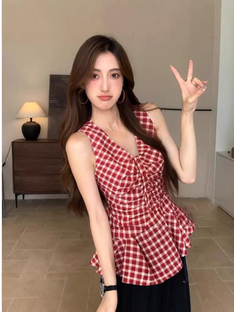 Pleated Checkered Sleeveless V-Neck Doll Shirt for Women - Petite Korean Style.