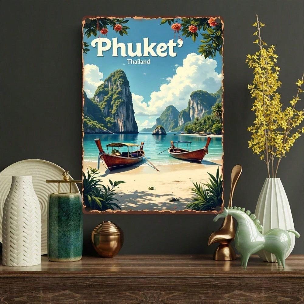 Vintage Phuket Thailand Metal Sign 8x12in Rustic Beach Travel Poster Tropical Wall Decor for Home Bar Garden