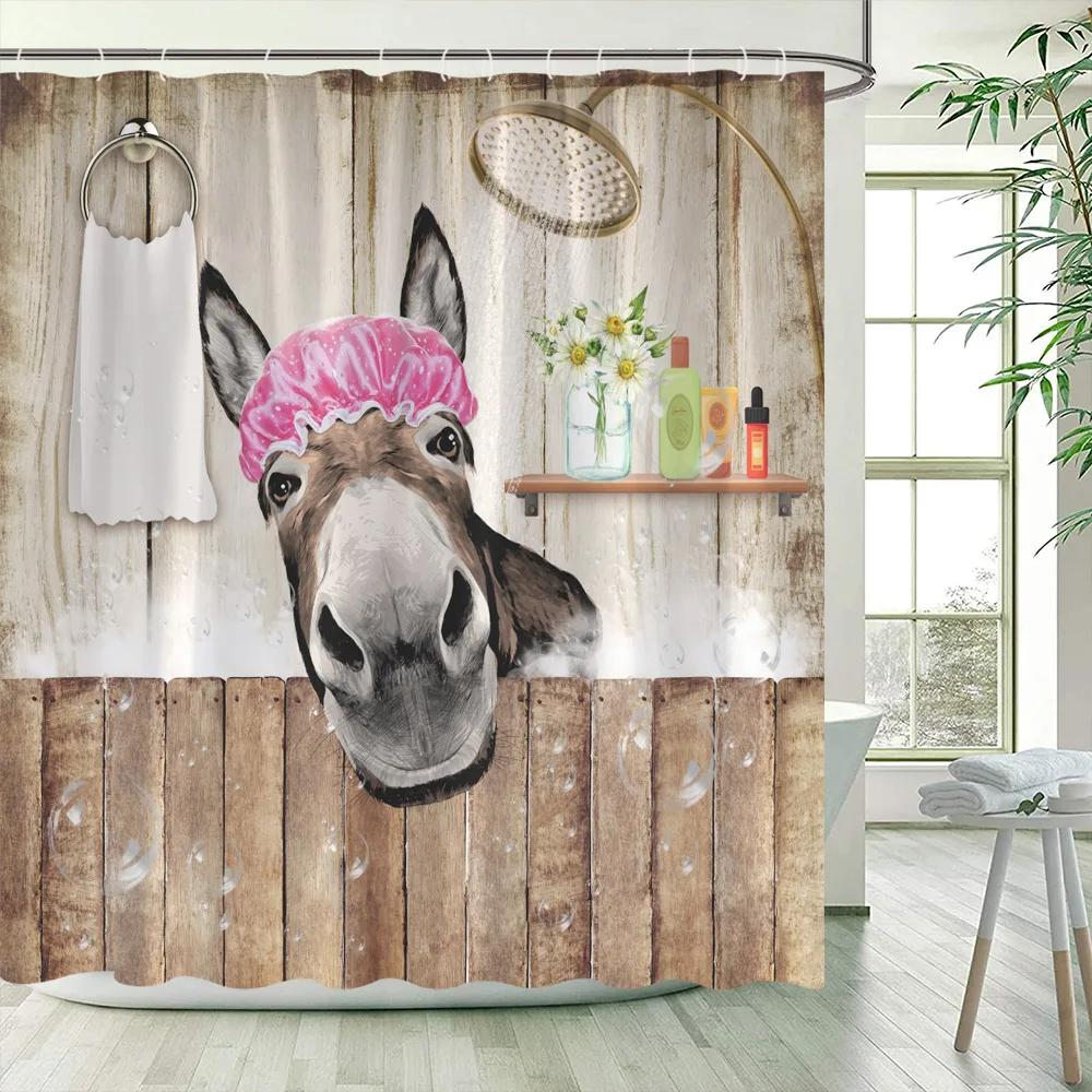 

Funny Donkey Shower Curtains Vintage Barn Wooden Door Sunflower Farm Animal Bath Curtain Set Polyester Bathroom Decor With Hooks W60H190(CM)-1 Pcs