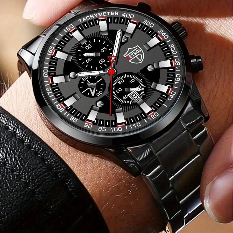 3pcs/set 1pc Fashion Men's Calemdar Business Stainless Steel Quartz Watch & 1pc Men's Bracelet & 1pc Men's Neckalce