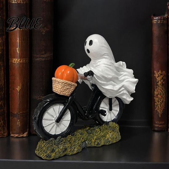 Detailed Resin Ghost Figurine Halloween Riding Motorcycle Figurine Novelty Rider Artistic Craft Statue with Pumpkin for Indoor Home Desk Tabletop