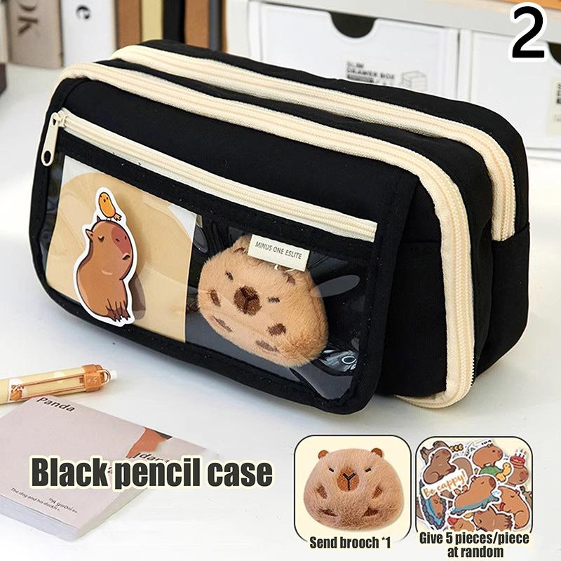 Large Capacity Pencil Bag Cute Capybara Stationery Holder Bag With Brooches Stickers Children Pen Case Animal Zipper Pouch