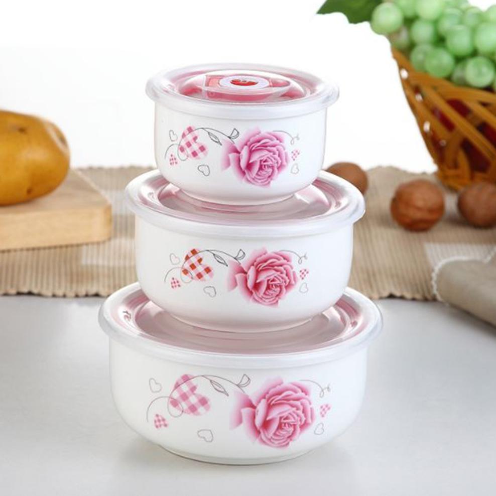 3-Piece Set Ceramic Fresh-Keeping Bowl With Lid For Microwave Oven Sealed Bowl Bone China Lunch Box For Home Kitchen