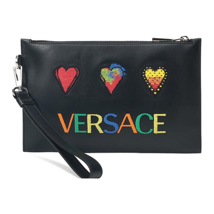Versace Leer Clutch met Geborduurd Patroon Unisex Clutch Zwart DP84725-DVT06-KNMP Basic Set (Bag+Dust Bag)
