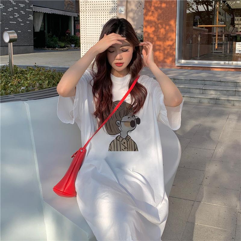 Cotton Summer New Korean Loose Letter Printing Student Slit Short Sleeve Mid-length Dress for Women