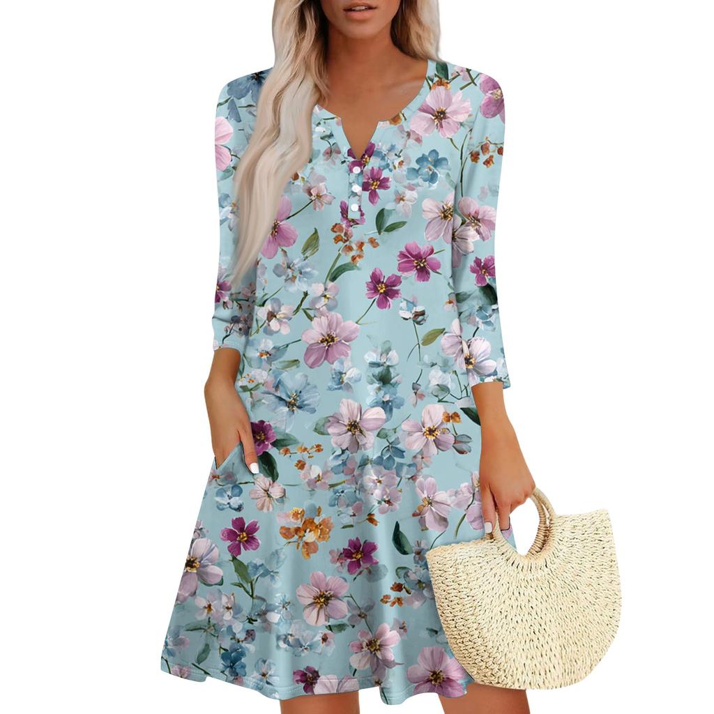 Women's Fashionable V-Neck Button Seven Part Cuff Pocket Floral Dress