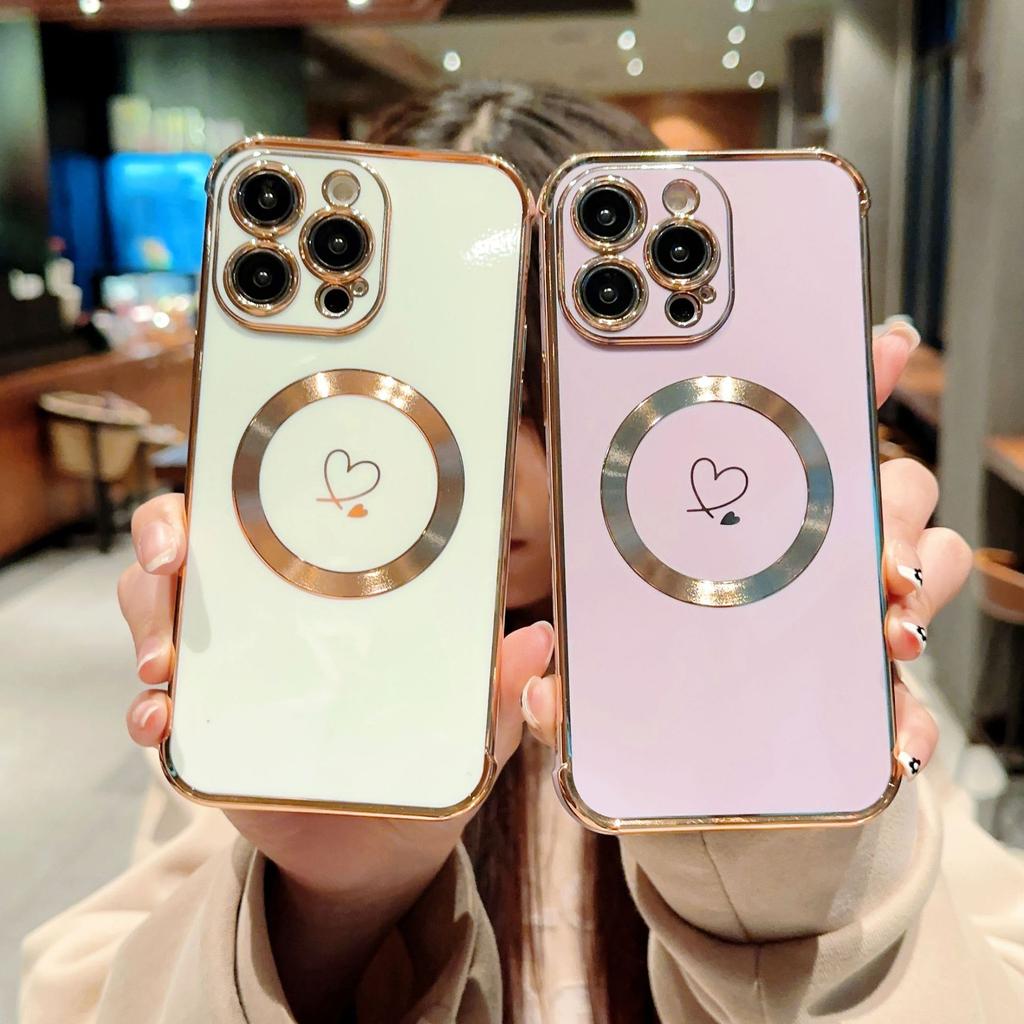 Applicable To iPhone17Promax Electroplating Double Love Mobile Phone Case Apple 16Pro Magnetic Anti-drop 15 Protective Case