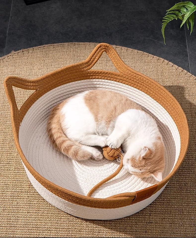 Handwoven Cotton Rope Cat Bed - Breathable & Easy to Clean, Foldable Scratchable Hammock with Cat Ear and a Playing Ball for Cat