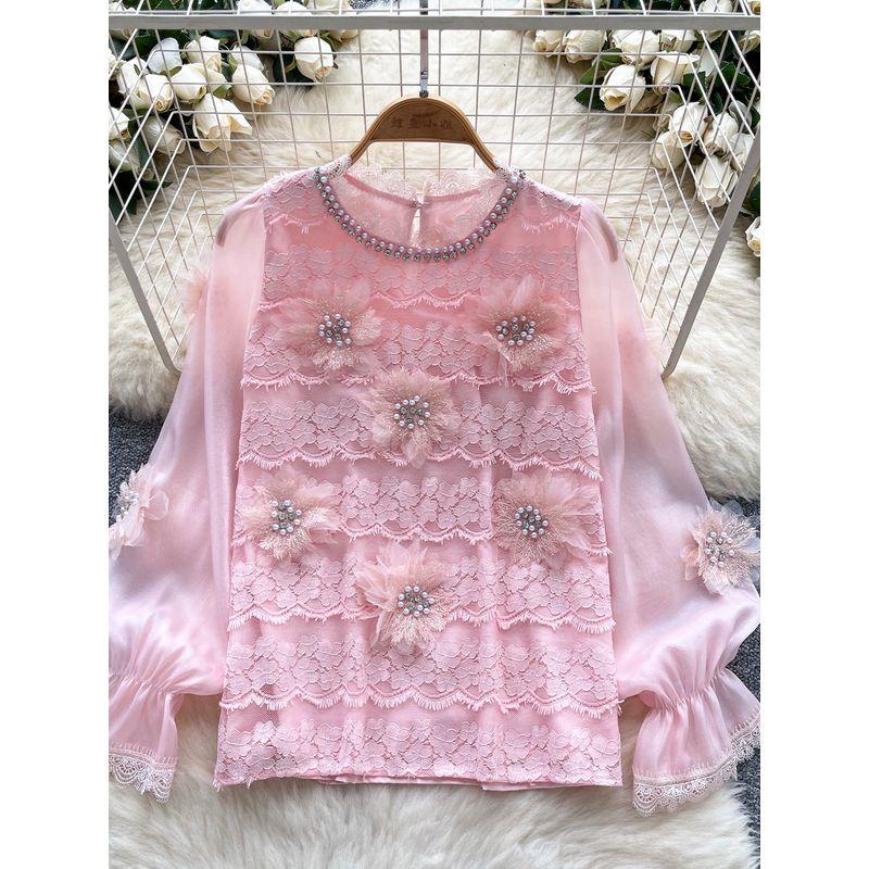 High-Grade Heavy Industry Beads Diamond-Embedded Three-Dimensional Flowers Lace Stitching Long sleeve Shirts Women Western Style All-Matching Top