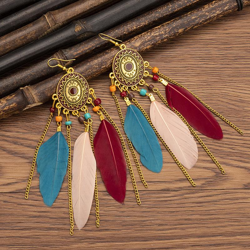 Ethnische Vintage Lange Temperament Federohrringe für Damen Elegante Geometrische Perlenkette Quaste Ohrring Boho Damen Schmuck