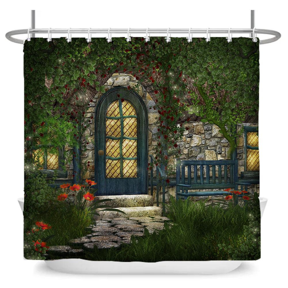 Enchanted Forest Shower Curtain Cartoon Magic Tale Mushroom Wonderland Gothic Shower Curtain Waterproof Bath Decor With Hooks