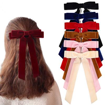 Korea Elegant Long Ribbon Velvet Bow Hairpins Women Girls Hair Clips Pin Barrettes Accessories Hairclip Headdress Headwear
