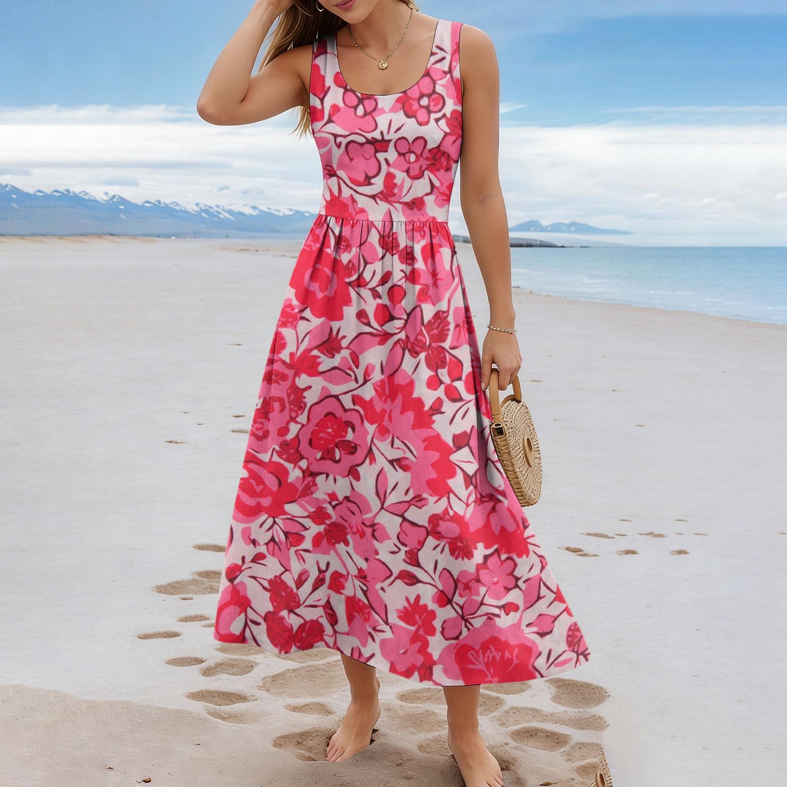 

Sleeveless A Line Midi Dress with Scoop Neck and Large Floral Print Casual Relaxed Fit Lightweight Sundress for Women XXXL