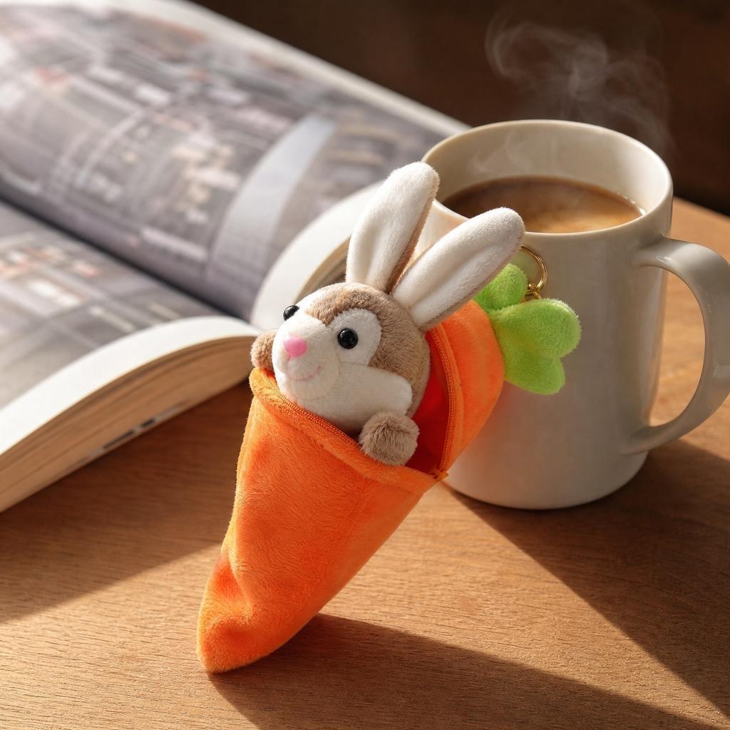 Plush Rabbit Toy Keychain Soft Stuffed Animal Bunny in Carrot Shaped Pouch Plush Key Ring Accessory for Bags and Backpacks