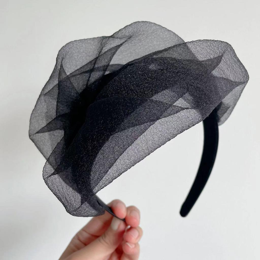 Tulle Ruffle Headband Crape Half Hat for Women Girl Aesthetic French Fascinator Hairhoop for Evening Party Hair Styling