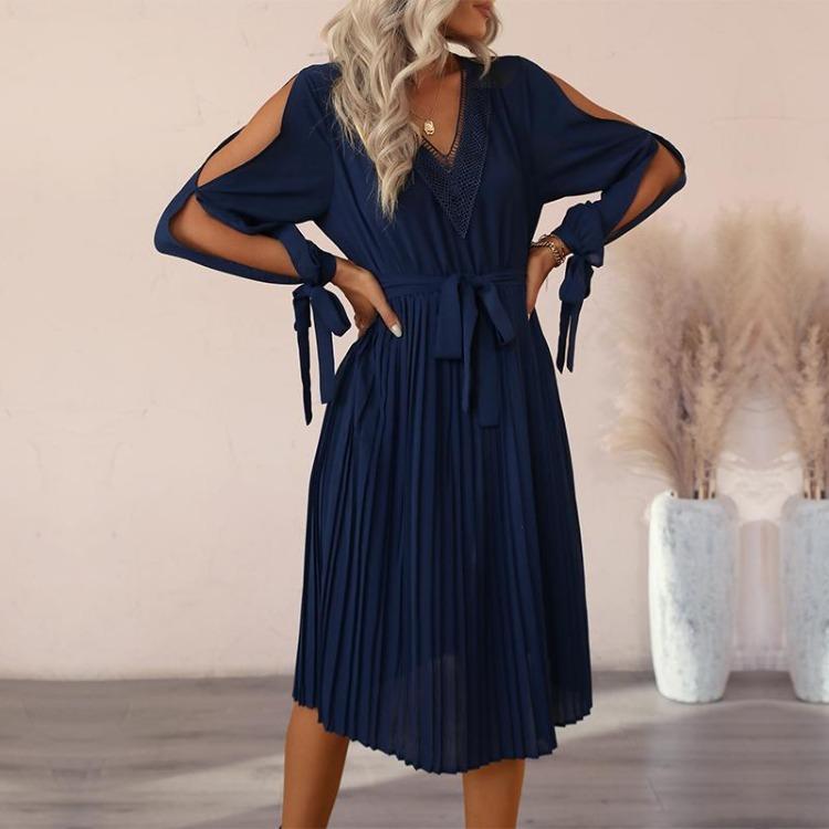 Elegant Hollow Out Long Sleeve V Neck Solid Color Dress for Women Fashion Long Dress Spring Autumn