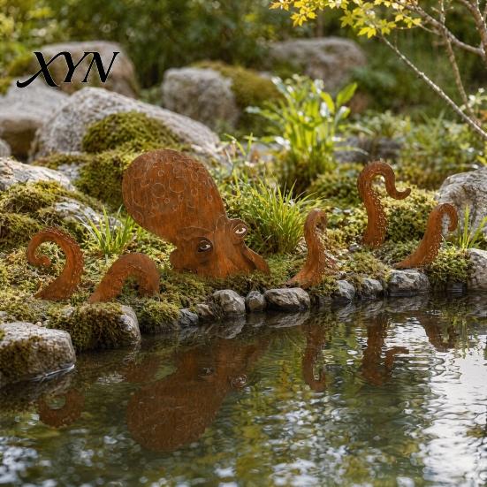 Octopus Garden Ornament Rust Patina Giant Squid Sculpture, 3D Metal Nautical Outdoor Pond Edge Decoration Statue for Patio Lawn Beach House