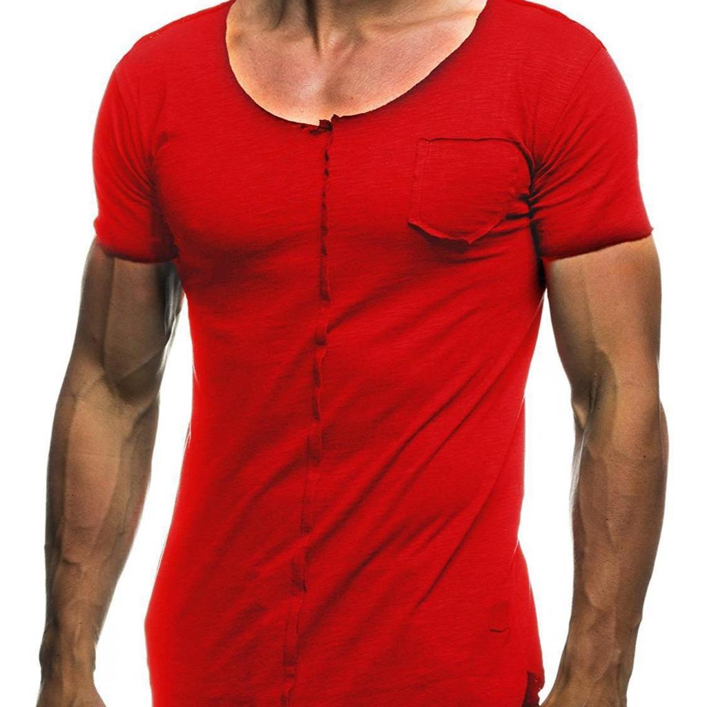 Men's Casual Patchwork Frayed Hem Round Neck Short Sleeve T-shirt
