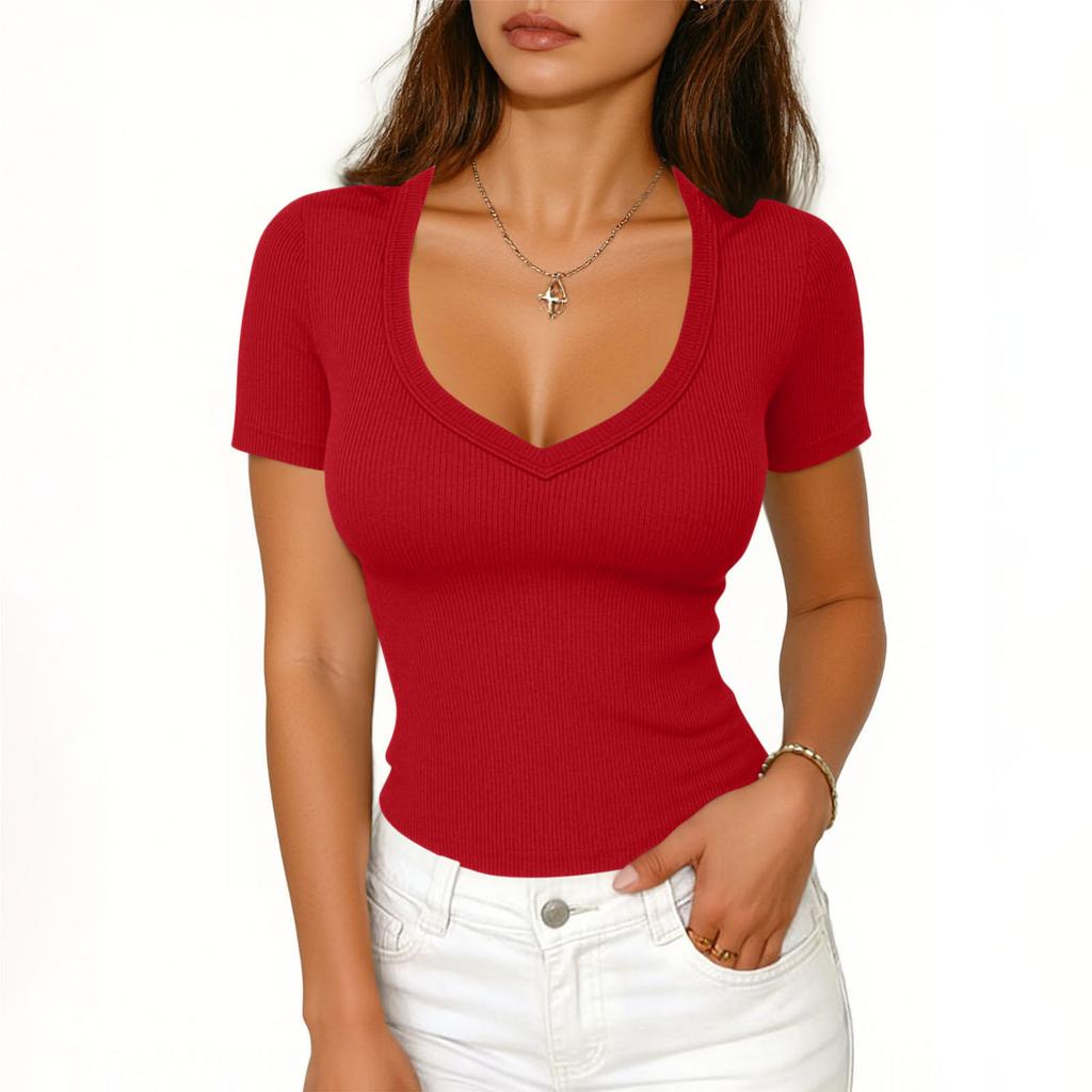 Haut court tendance pour femme, côtelé, couleur unie, polyvalent, à manches courtes