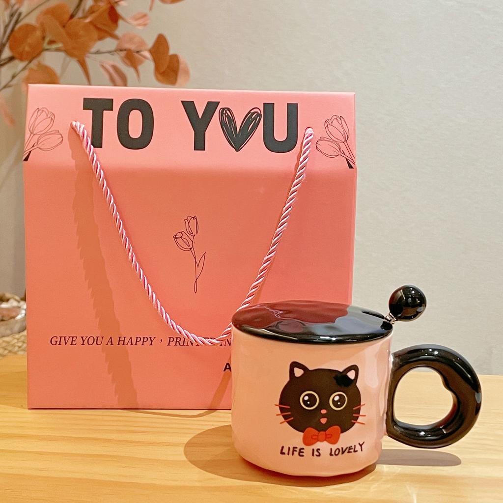 New Birthday Gift for Girls Cute Cat Cup Ceramic Mug with Lid Practical Souvenir Gift Box