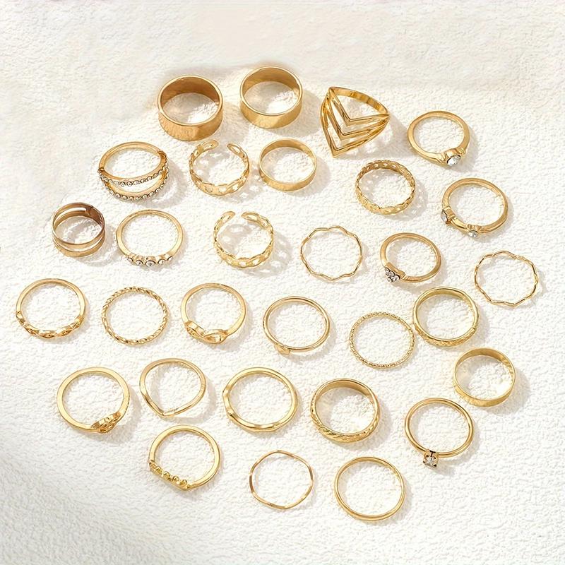 30Pcs Bohemian Retro Metal Geometric Finger Ring Set Fashion Rhinestone Turkey Lucky Eyes Bowknot Ring Women's Classic Zircon