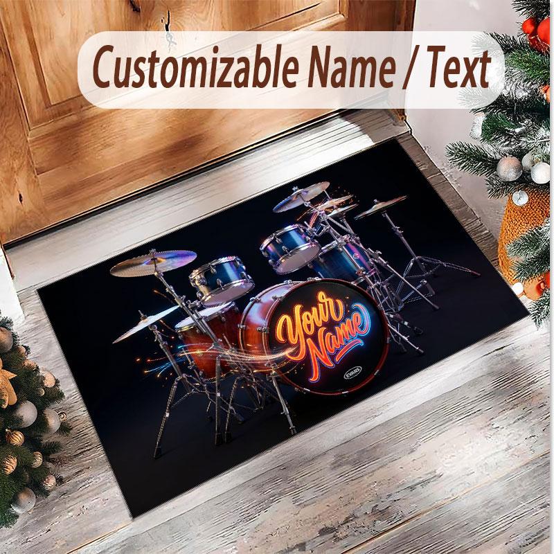 Music Drums Theme Soft Crystal Velvet Rug Custom Name & Text Print Non Slip Floor Rug for Bedroom Living Room