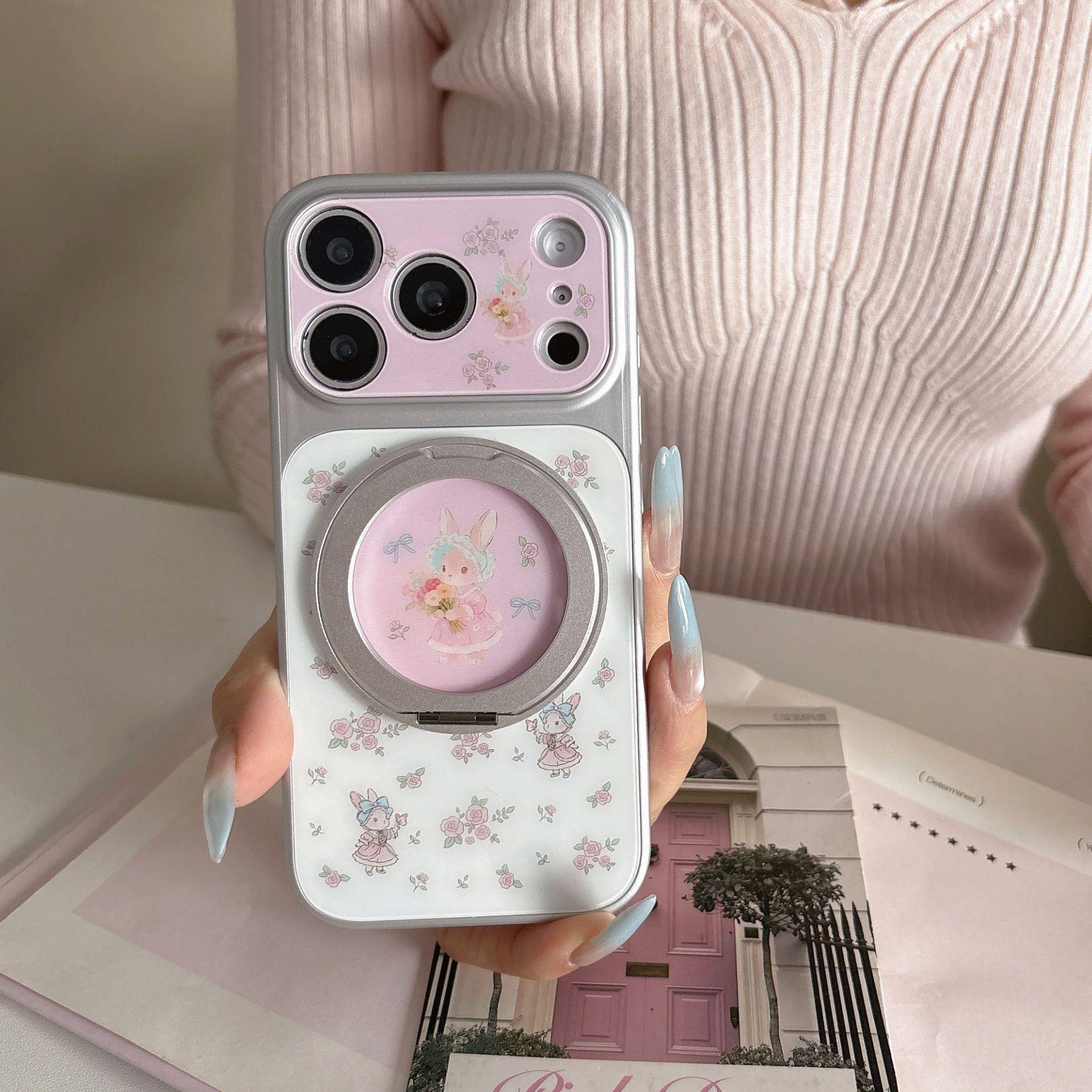Pink Floral Rabbit iPhone 17 Pro Max Case with 360° Rotating Stand iPhone 15