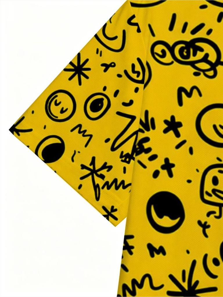 Men's Outdoor Polo Shirt, 2D Printed Design (Not Textured) with Whimsical Doodles, Polyester Material, Mixed Color, Multiple Specifications Available,