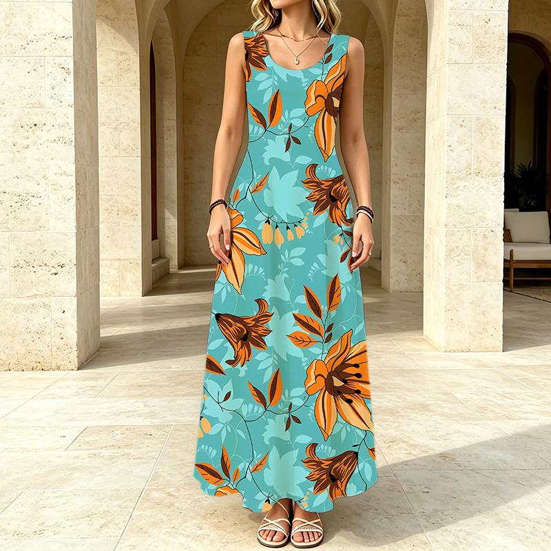 Sleeveless Maxi Dress Summer Casual Lightweight Flowy Dress,Full Flared Skirt,Fresh Style,Flattering for Vacation & Daily Wear,Versatile Fashion