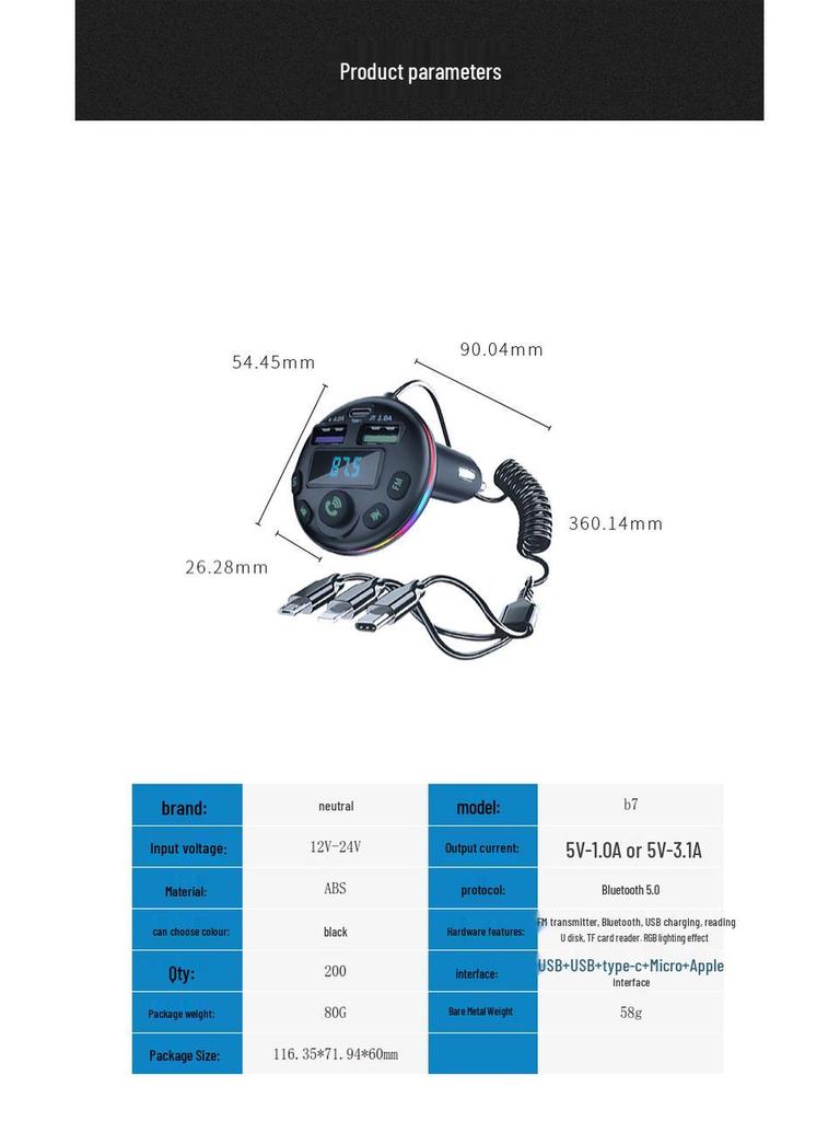 Q21 Bluetooth FM Transmitter mit Spiralkabel & QC3.0 PD20W Schnell-Autoladegerät