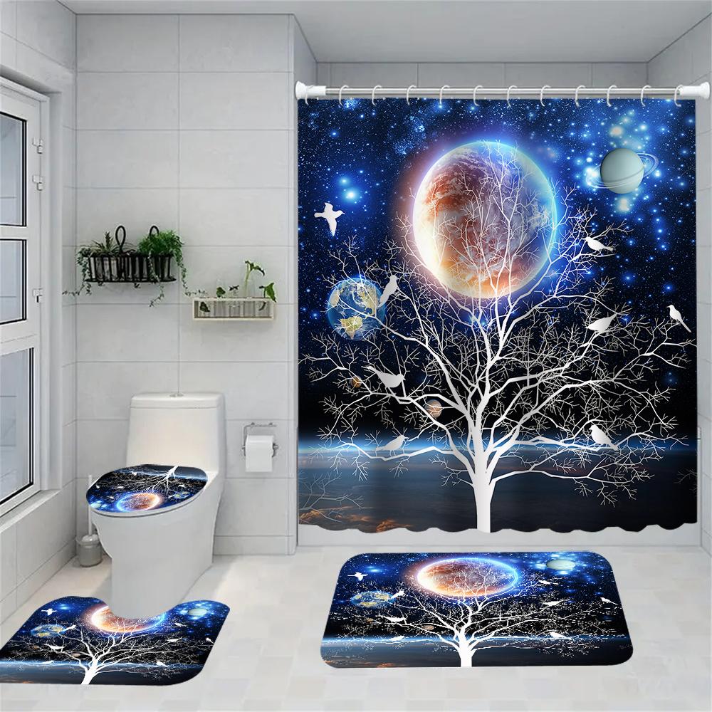 

1/4 Planet Trees Shower Curtains, Toilet Seat Decoration, Shower Curtain With Carpet And Toilet Lid, 12 70.8X70.8 Inch Hooks W60H190(CM)-1 Pcs