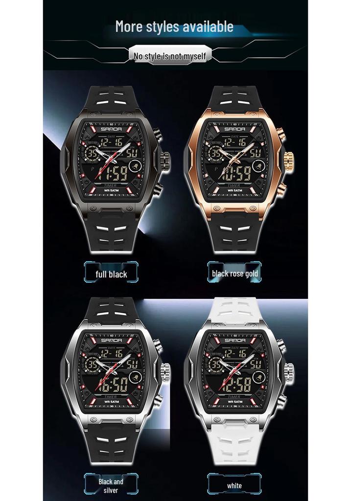 Sanda Dual-Movement Barrel Watch: Luminous Alarm, Large Dial, Multifunctional Student Watch.