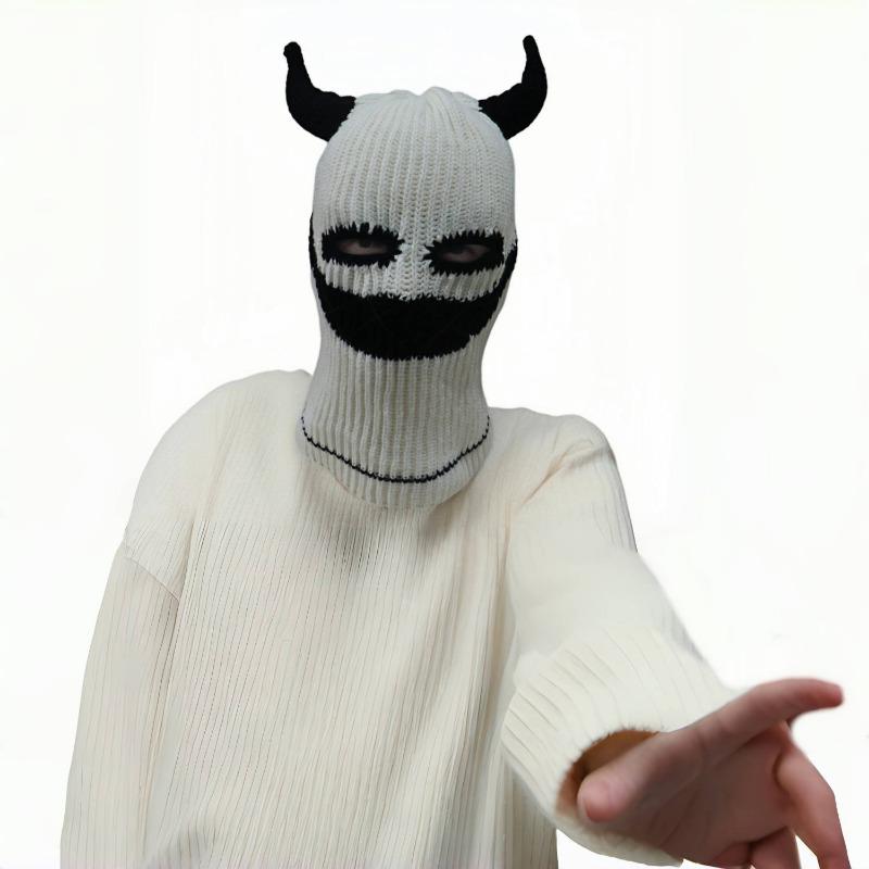 

Хэллоуин смешная маска вязаная маленький дьяволенок угловая накладка пришитая смайлик персонализированная шапка осень и зима теплая шерстяная шапка чёрный