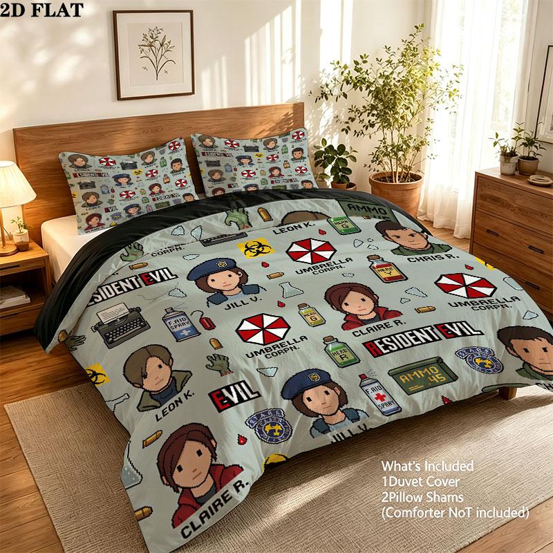 Resident Evil Pattern Bedding Quilt Set Quilt Cover Pillowcase Home Birthday Gift(1 * duvet cover + 2 * pillowcase, without core)