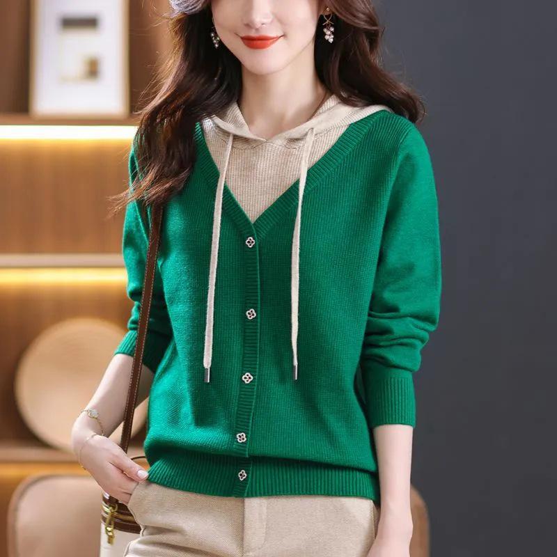 Women's Loose Knit Hooded Sweater for Spring & Autumn 2025 - Trendy Two-Piece Layered Look