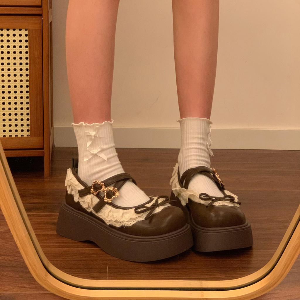 Plateau Mary Jane Schuhe für Damen 45cm Absatz Runde Zehenpartie Lolita Gothic Japanischer Koreanischer Stil PU-Leder Schwarz Braun