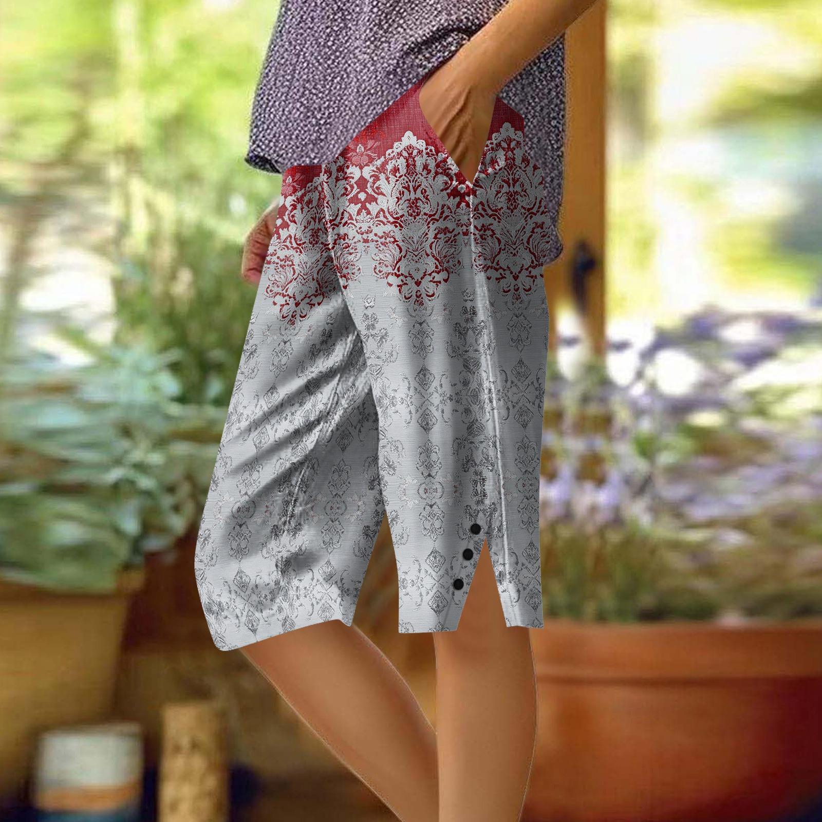 Women s Printing Pants Fashionable Pocket Elastic Waist Casual Shorts M