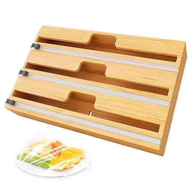 Leeseph Bamboo Wood Plastic Wrap Dispenser with Slide Cutter,12 Inch Aluminum Foil Cling Wrap Dispenser for Kitchen Storage