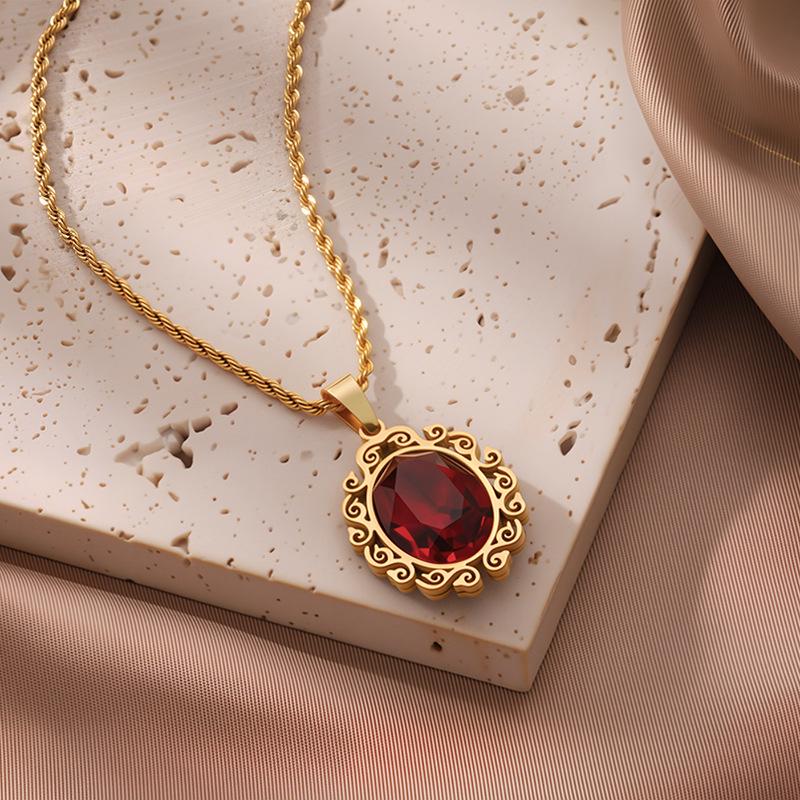 European & American Fashion Exquisite Titanium Steel Necklace with Colorful Zircon & Geometric Pendant for Women