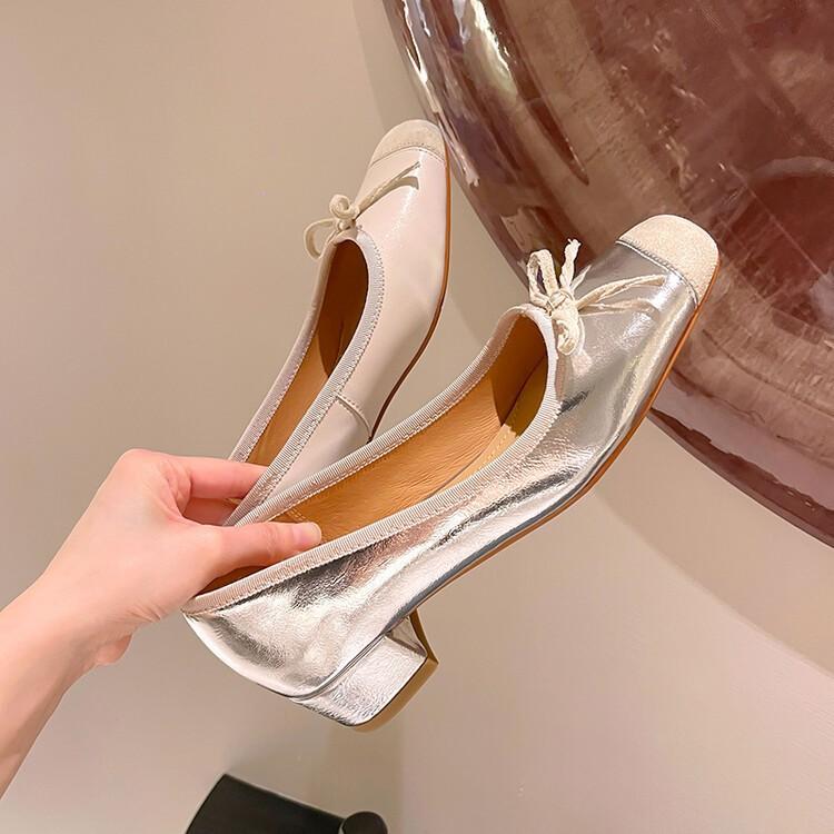 

Fairy Daughter Wind Series~ 2025 Spring Full Leather Silver Bow Temperament Single Shoes Thick Heel Square Head Mary Jane 39 бежевый