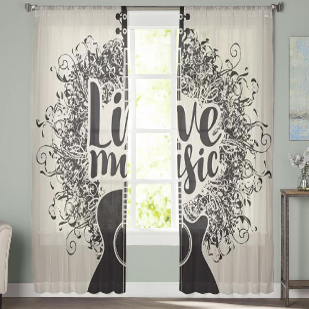 Transparente Vorhänge mit Gitarre und Musik für Schlafzimmer, Wohnzimmer, Tüllvorhänge für Küchenfenster, Voile-Vorhänge