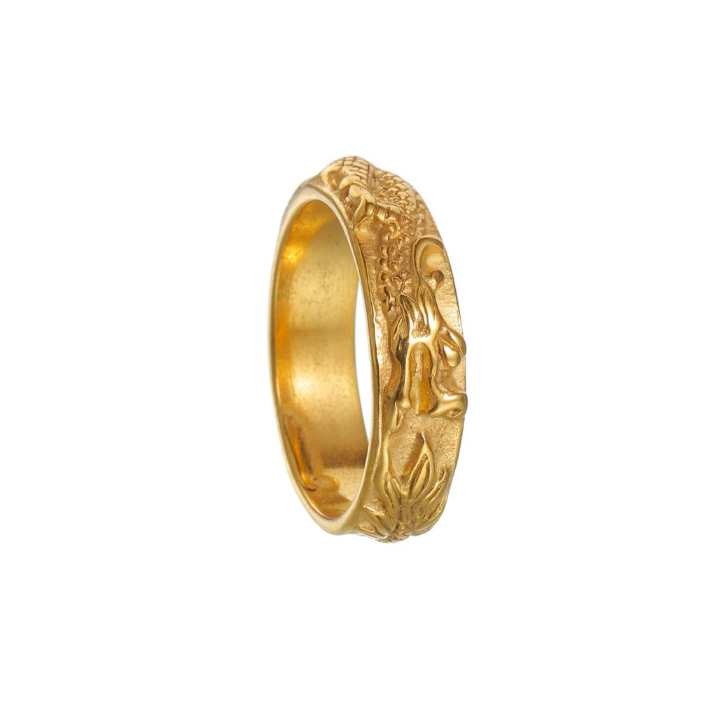 Golden Silvery Stainless Steel Men's Ring, Dragon Pattern Ring Jewelry, Retro Ring