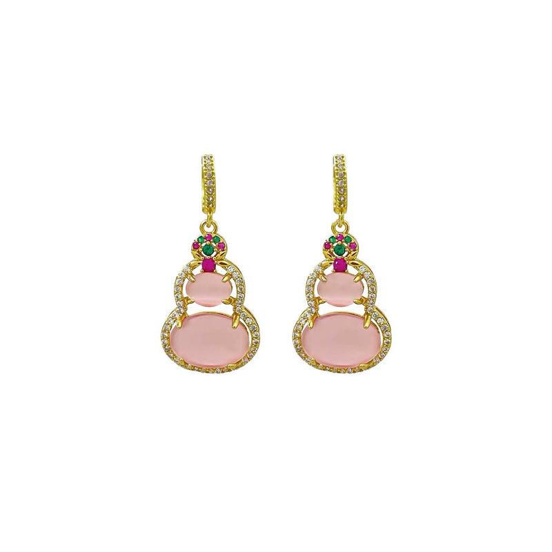 New Chinese-style pink gourd ear clips without ear piercings, fashionable retro ear buckles, long earrings, high-end mosquito coil disc earrings.